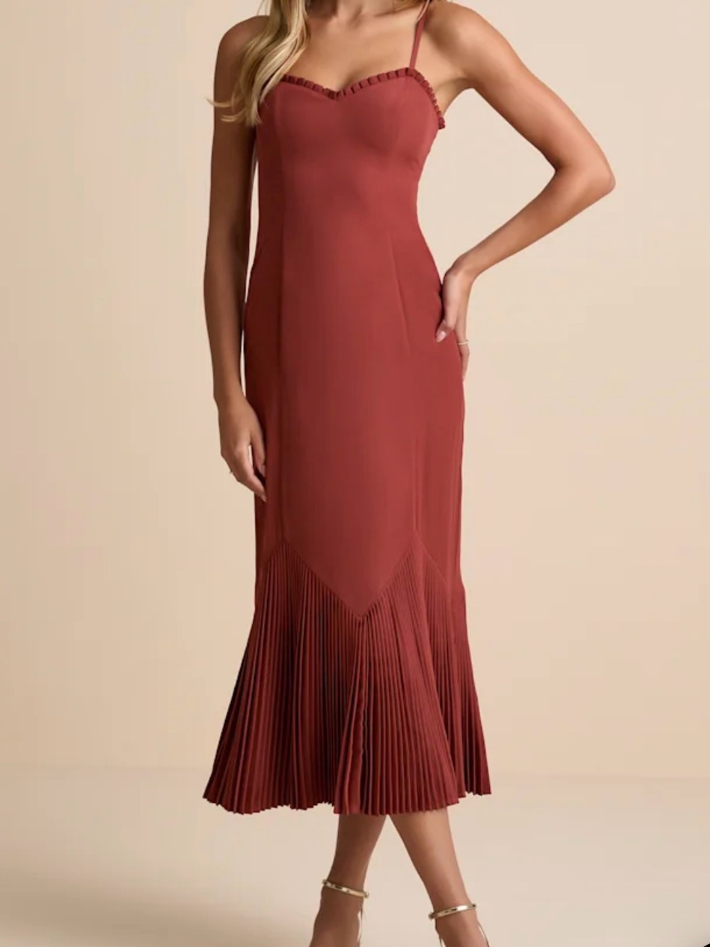 Brick Red Midi Slip Dress with Fun Pleated Hem-worn once